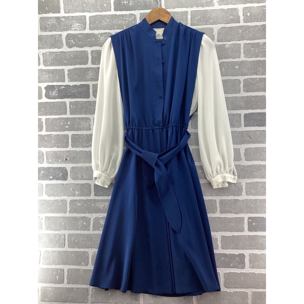 Vintage Lilli Ann Petite Blue Cream Mock Neck Midi Dress ILGWU Union Made 4